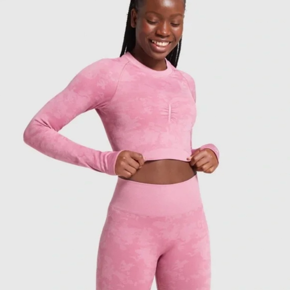 Gymshark Adapt Pink Camo Seamless Long Sleeve Top and High Rise Leggings